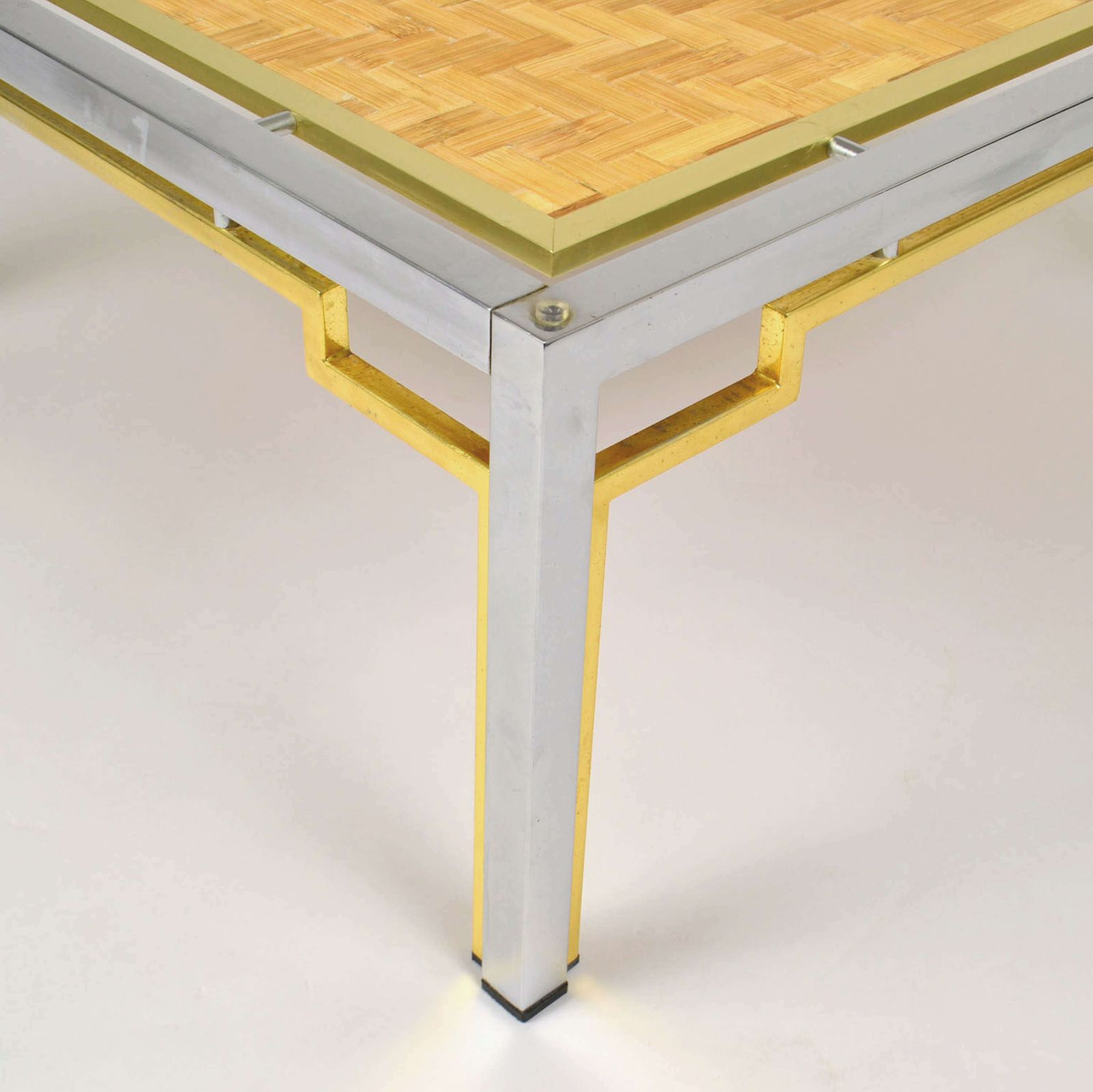 photo for sale Pair Of Italian Coffee Tables Bamboo Top, Chrome & Gilded Brass Frame