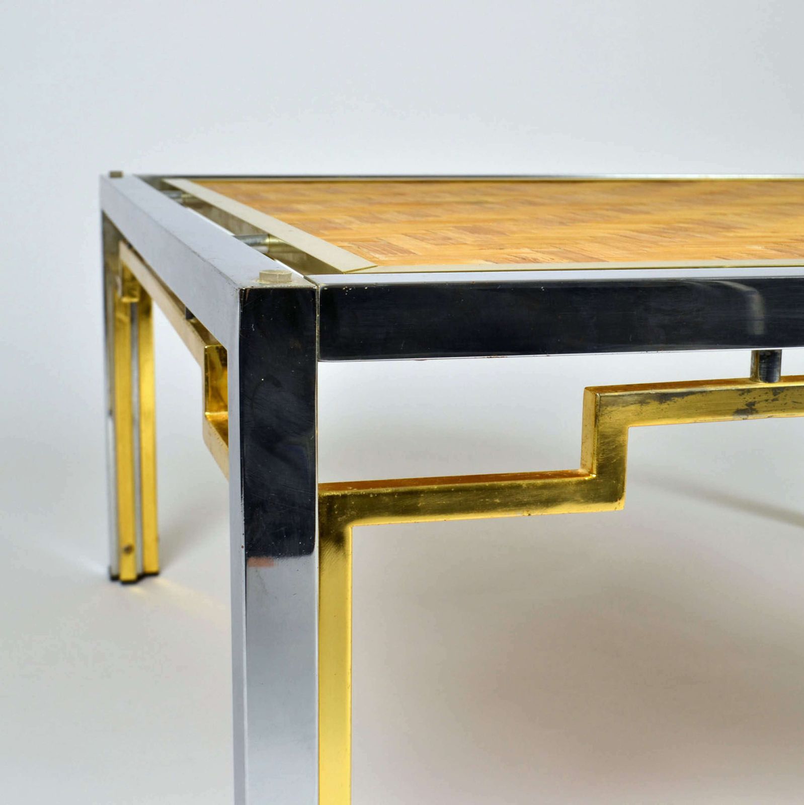 photo vinterior Pair Of Italian Coffee Tables Bamboo Top, Chrome & Gilded Brass Frame