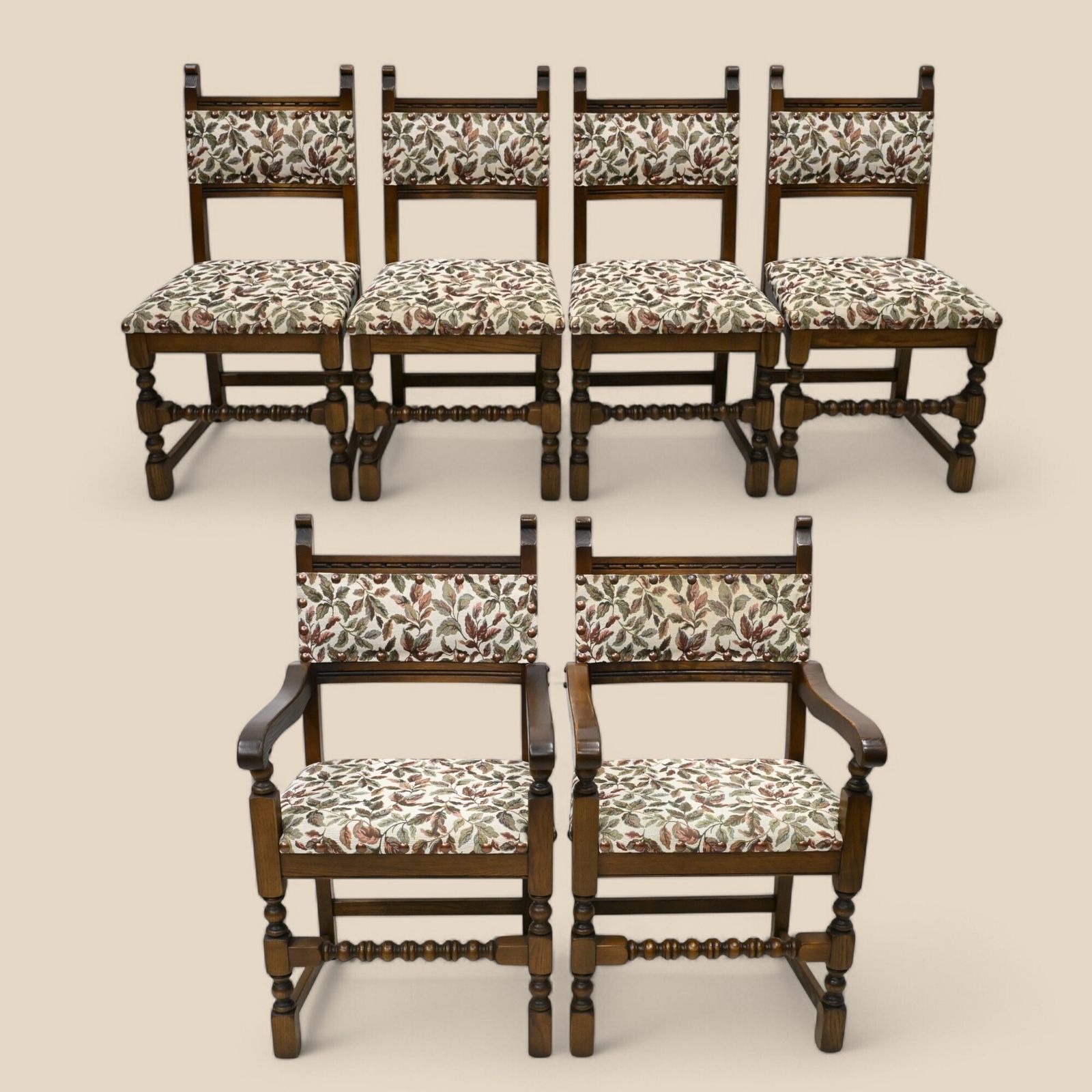 6 Old Charm Dining Chairs Light Oak Studded Upholstery 2 Carver Free Uk Delivery