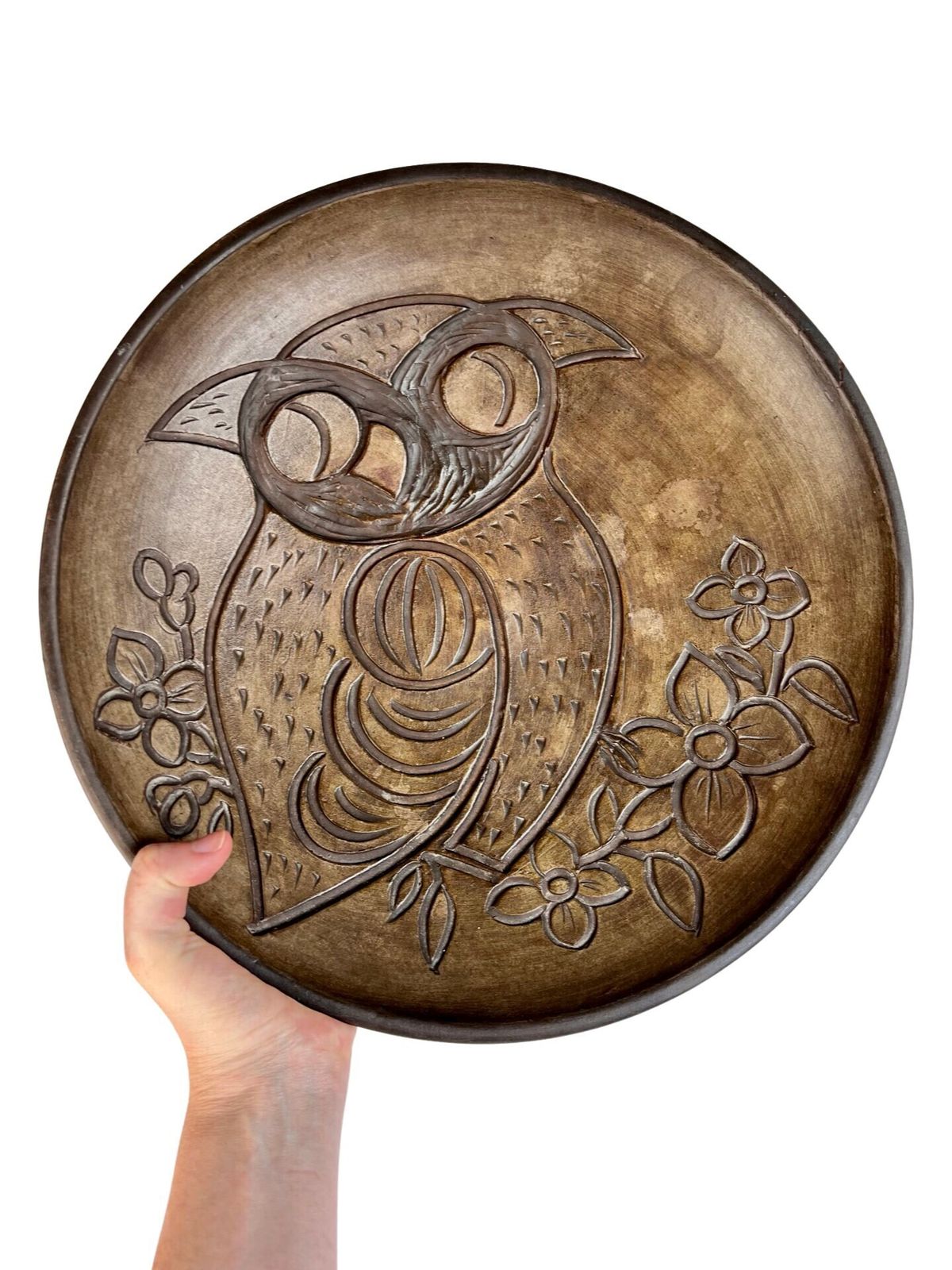 Swiss Studio Pottery Handmade Wall Plate, Frick Ceramic Of Switzerland, 70s Dark Brown Owl Plate, Dark Brown Interior Grandpa Chic Wall Deco photo furniture