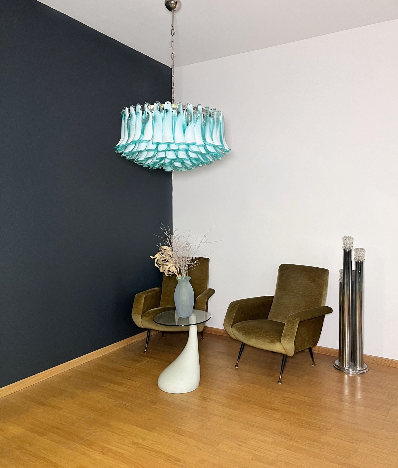 Large Murano Glass Chandelier  101 Turquoise Lattimo Glass Petal photo for sale