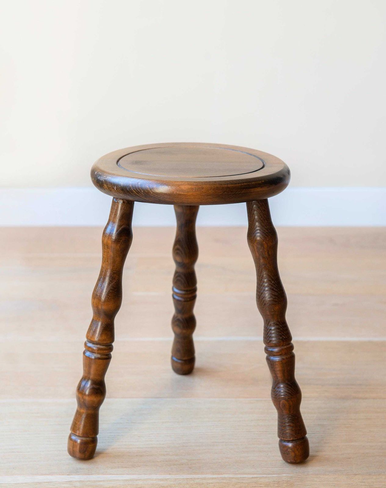 Vintage Stool With Turned Legs, Old Round Plant Stand, Oak Wooden Coffee Table, Dark Brown Tripod Stool, Country Home Decor photo 180.0
