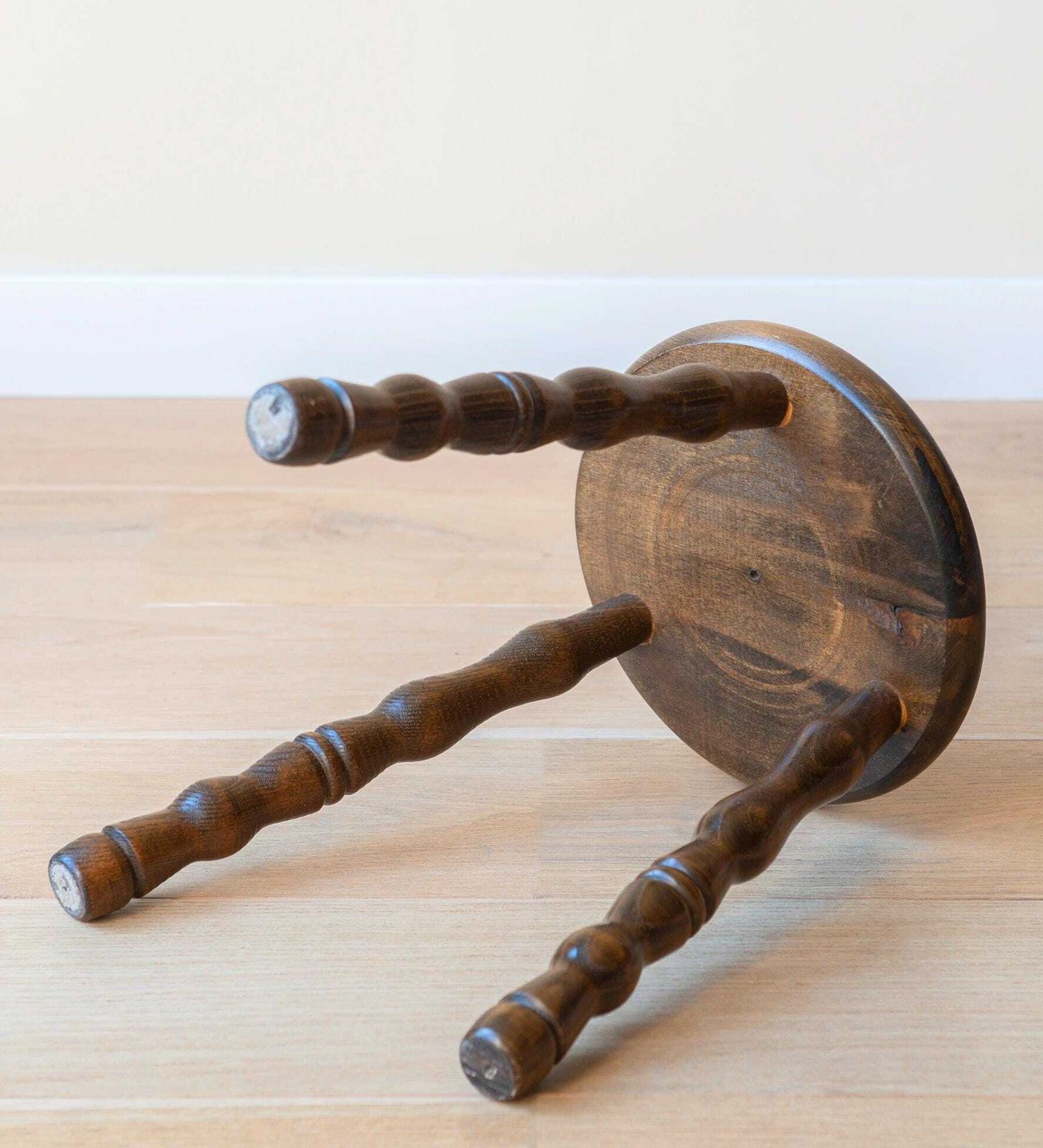 photo for sale Vintage Stool With Turned Legs, Old Round Plant Stand, Oak Wooden Coffee Table, Dark Brown Tripod Stool, Country Home Decor