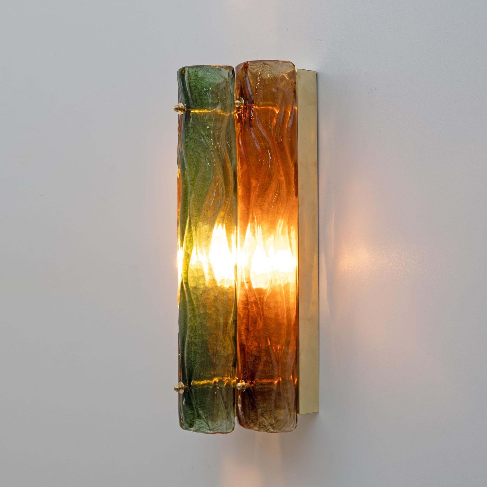 Pair Of Modern Amber And Green Murano Glass And Brass Sconces photo 2782.0
