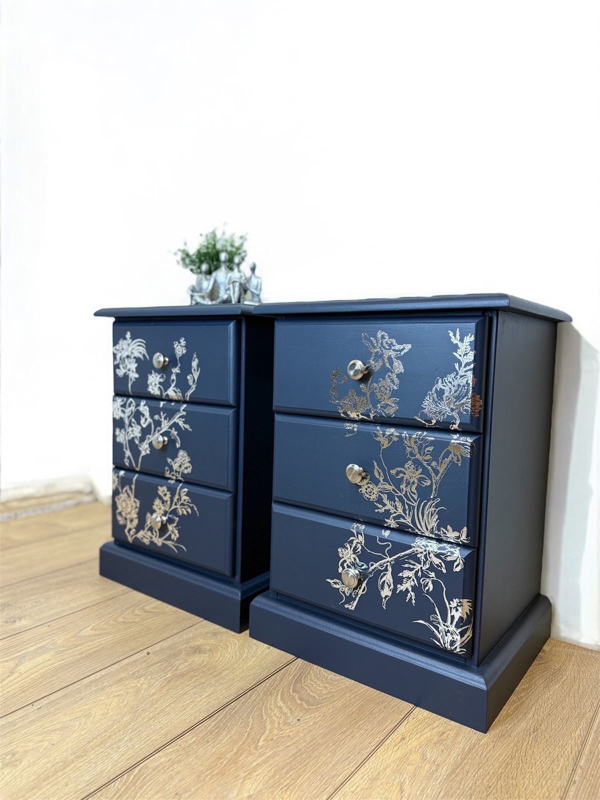 Refurbished Navy Blue And Silver 3 Drawer Bedside Tables, Refinished Pine Nightstands, Floral, Bedroom Furniture, Chrome photo furniture