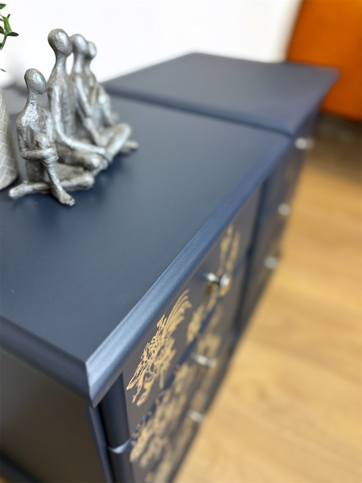 Refurbished Navy Blue And Silver 3 Drawer Bedside Tables, Refinished Pine Nightstands, Floral, Bedroom Furniture, Chrome photo Furniture