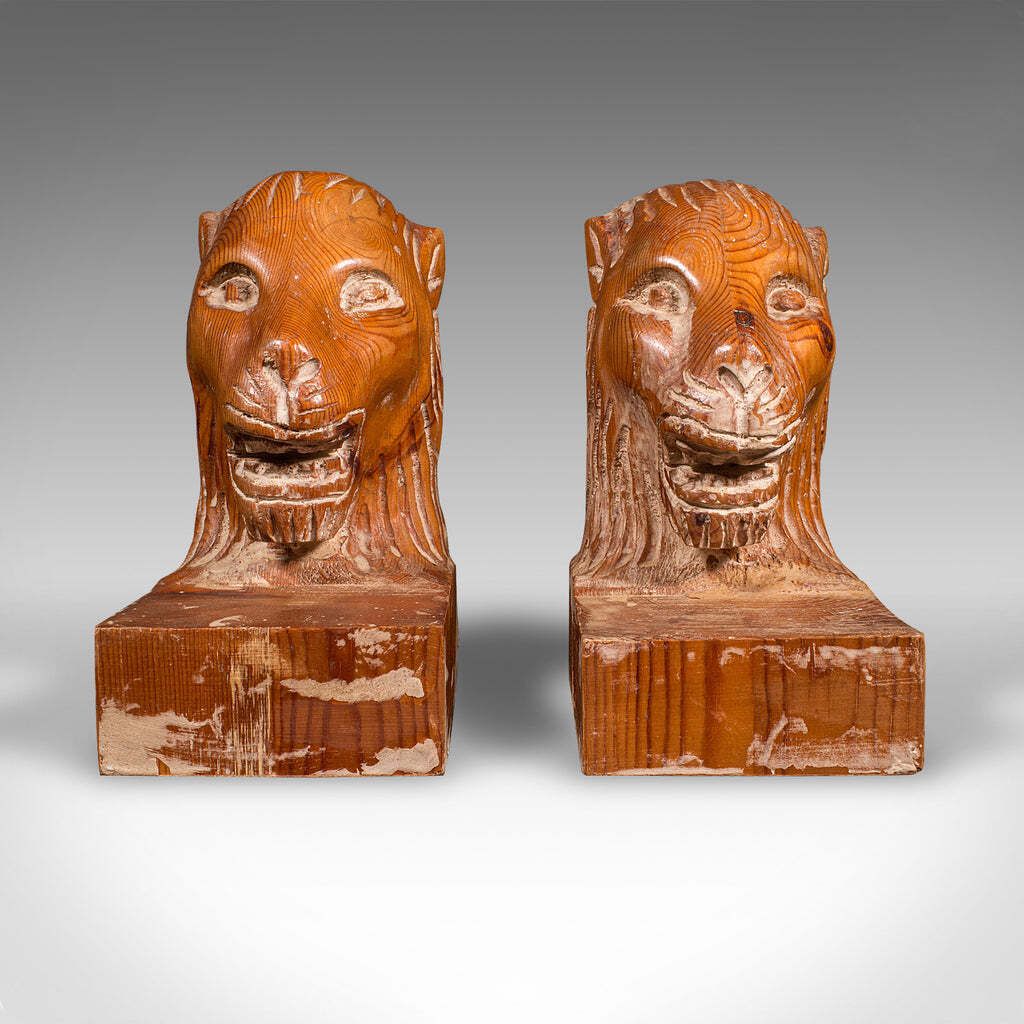 Pair Of Antique Carved Lion Bookends, English Pine, Georgian Revival, Edwardian photo furniture