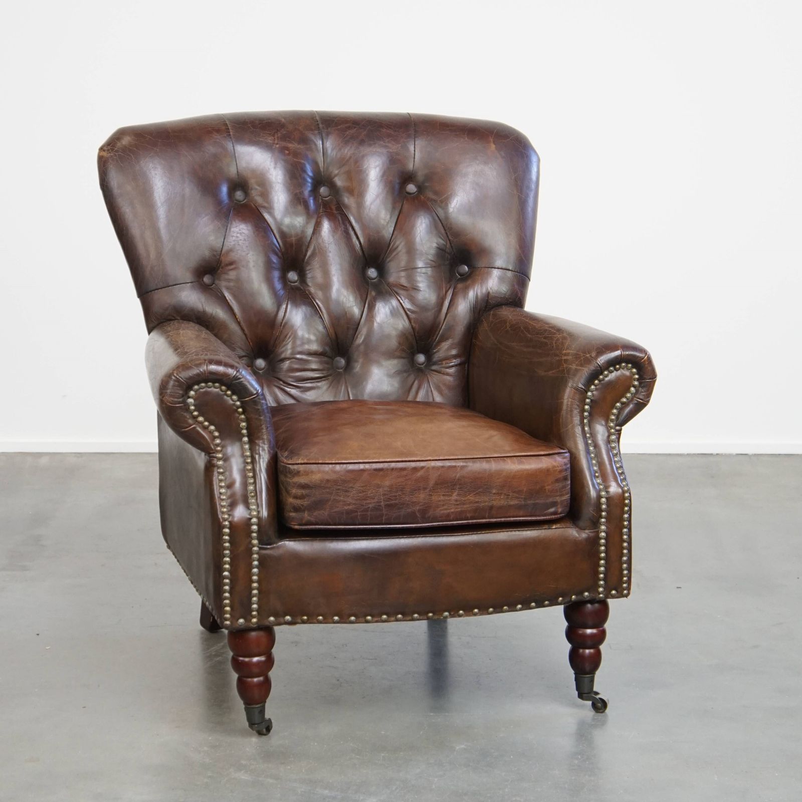 Beautiful, Unique Cognac Colored Brown Nerfde Rundleren Chesterfield Armchair/ Armchair