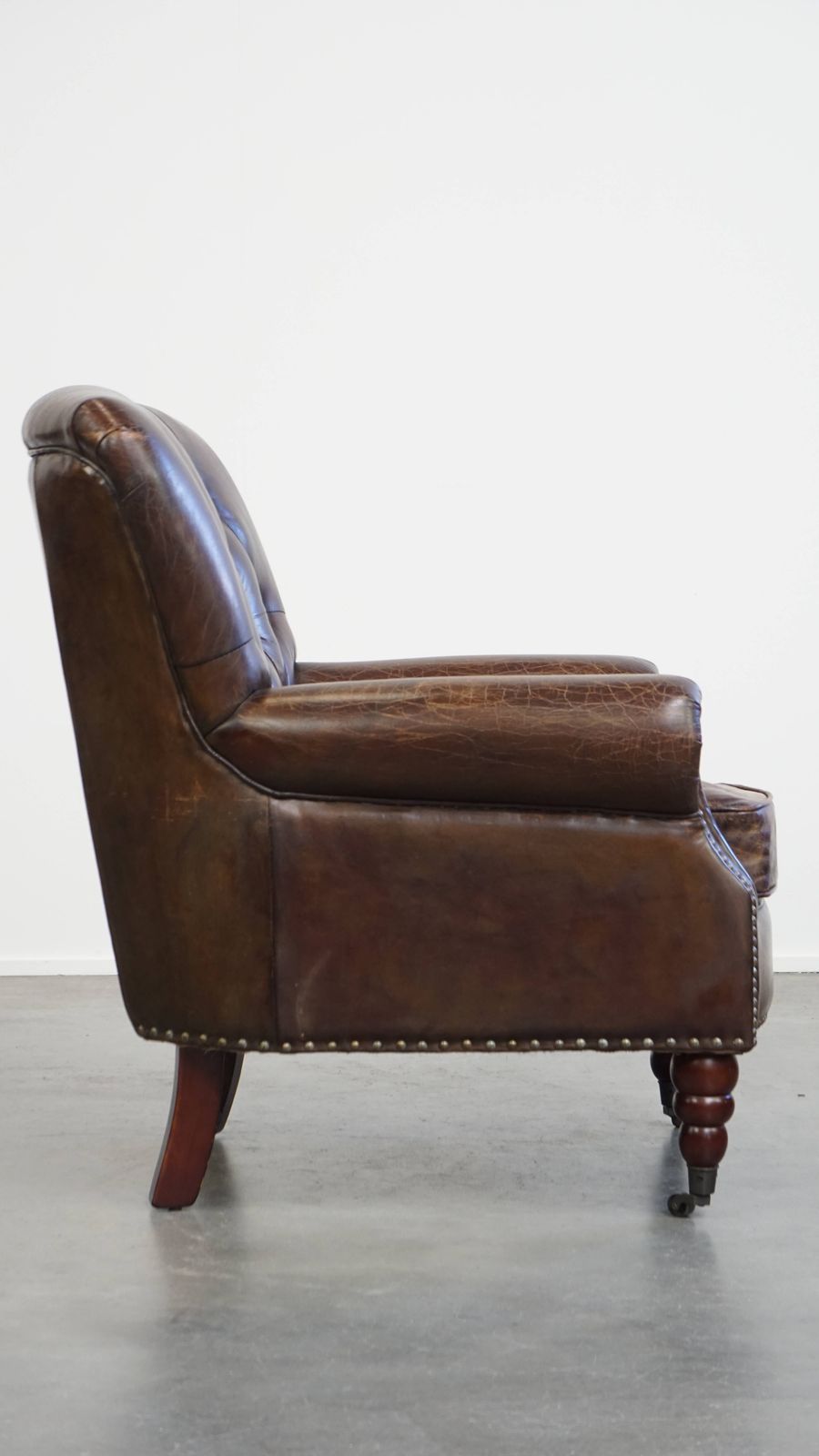 Beautiful, Unique Cognac Colored Brown Nerfde Rundleren Chesterfield Armchair/ Armchair photo for sale