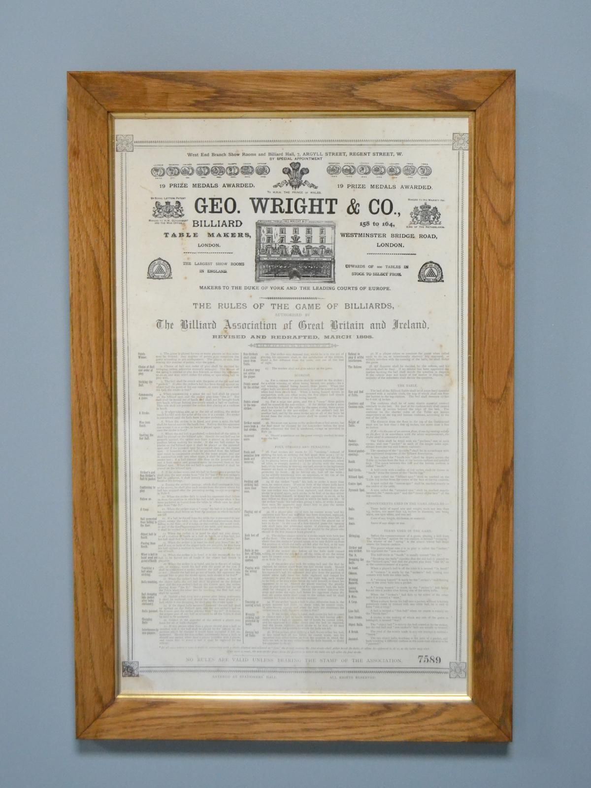 The Rules Of Billiards By George Wright Of London