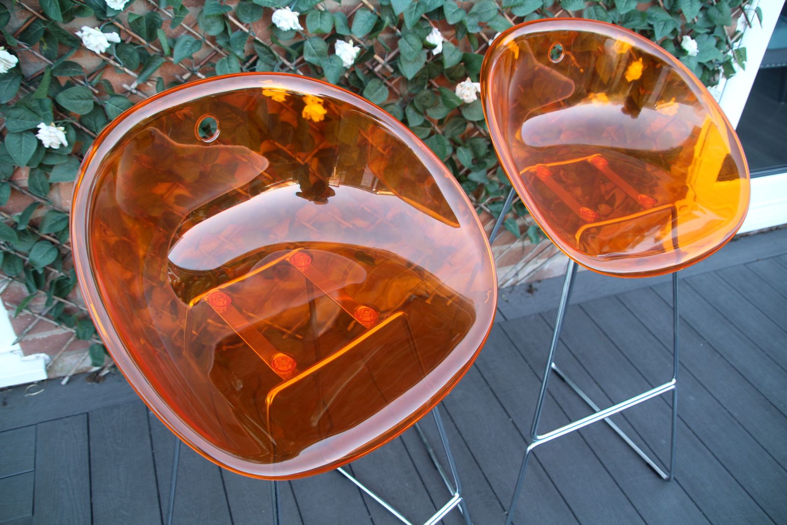 3 Pedrali Gliss Designer Stools. Italian Translucent Orange Bar Stools. photo Furniture