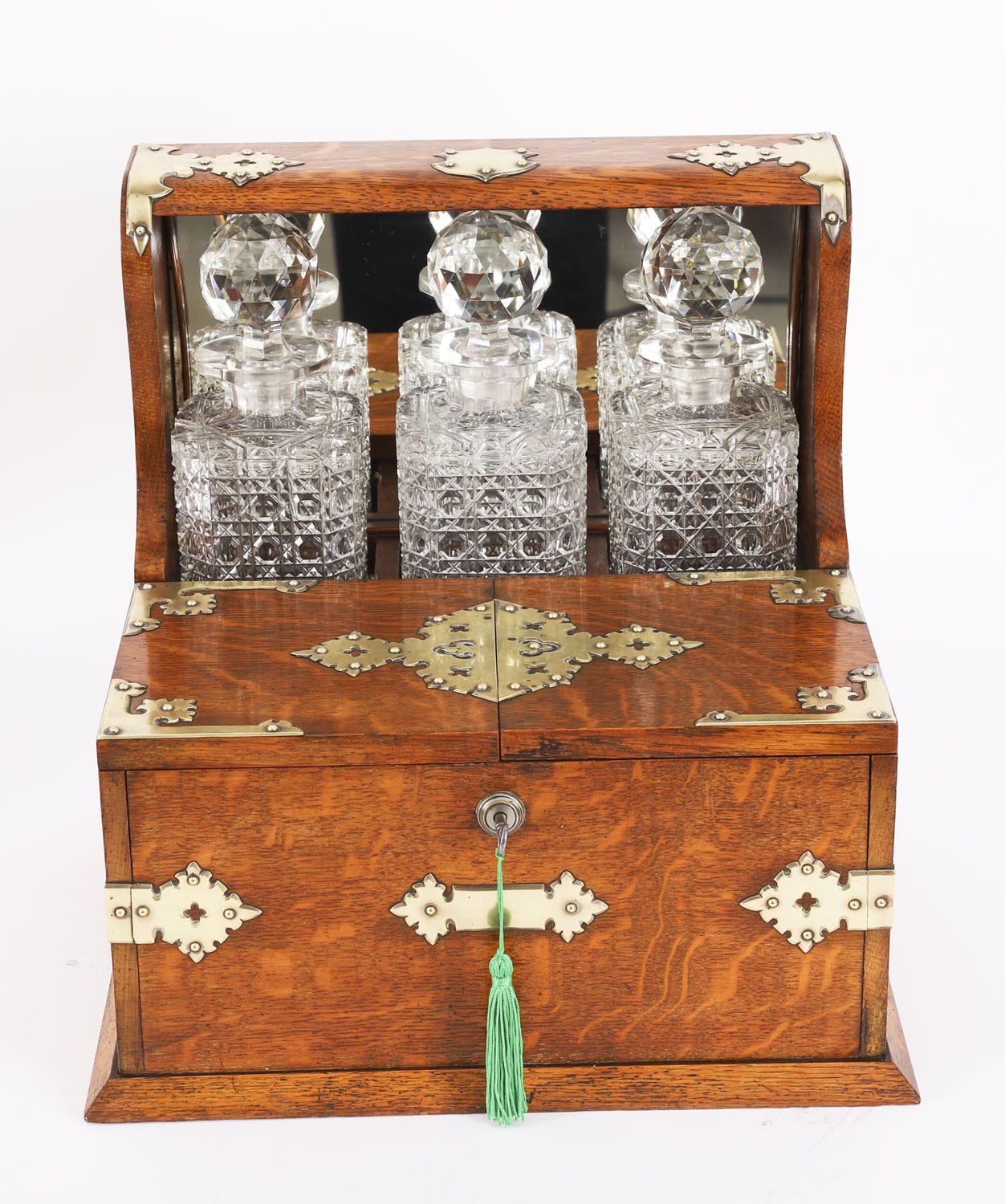 Antique 3 Decanter Golden Oak Tantalus Dry Bar Games Compendium 19th C photo for sale