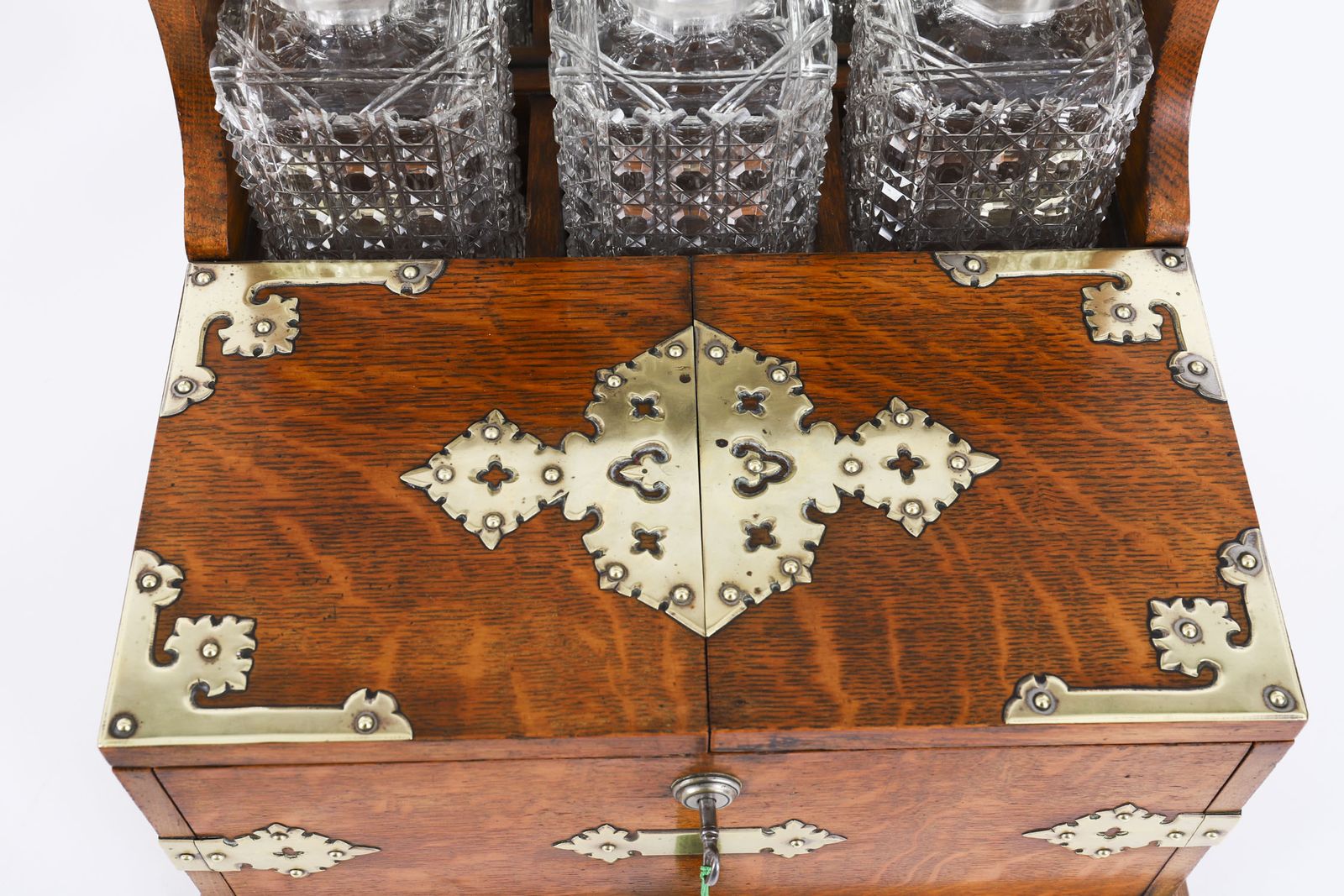 Antique 3 Decanter Golden Oak Tantalus Dry Bar Games Compendium 19th C photo buy
