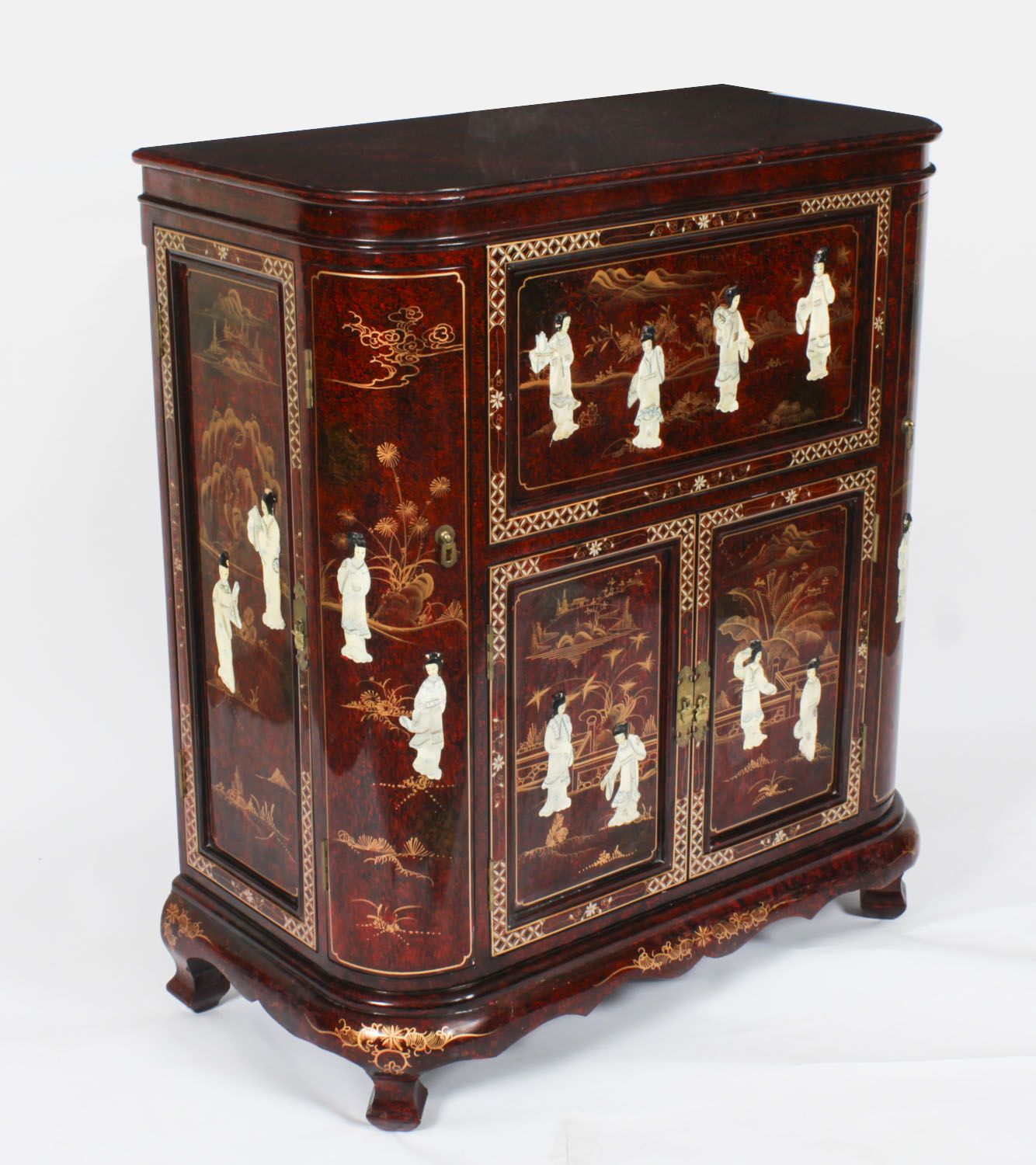 Vintage Japanese Burgundy Lacquered Cocktail Cabinet Dry Bar & Glasses 20th C