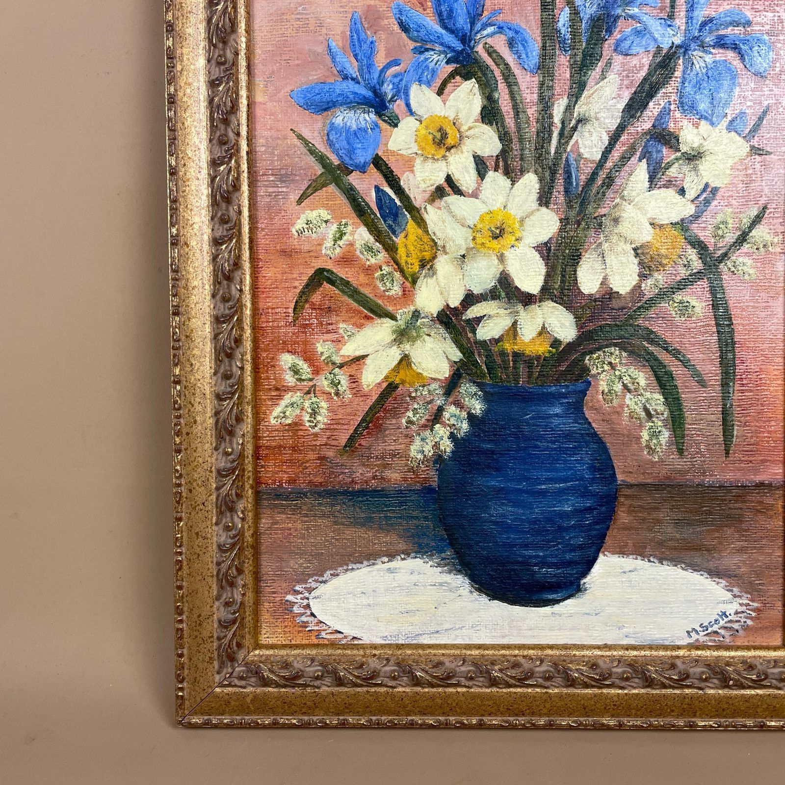 Antique Framed Floral Oil Painting Picture Vintage Flowers Wood Frame Painted Art Original Oils Rectangle Portrait Spring Daffodils M Scott photo Art