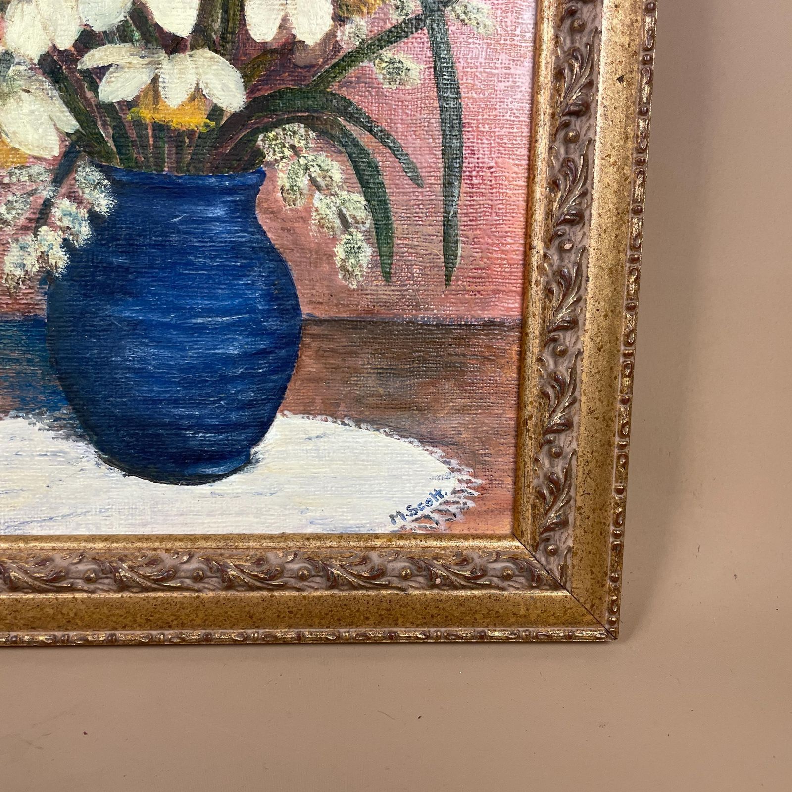 Antique Framed Floral Oil Painting Picture Vintage Flowers Wood Frame Painted Art Original Oils Rectangle Portrait Spring Daffodils M Scott photo 95.0