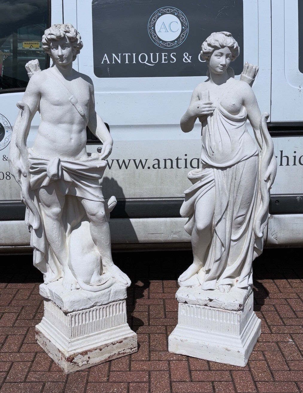 Pair Of Classical Diana & The Hunter Garden Statues On Based. Large In Size