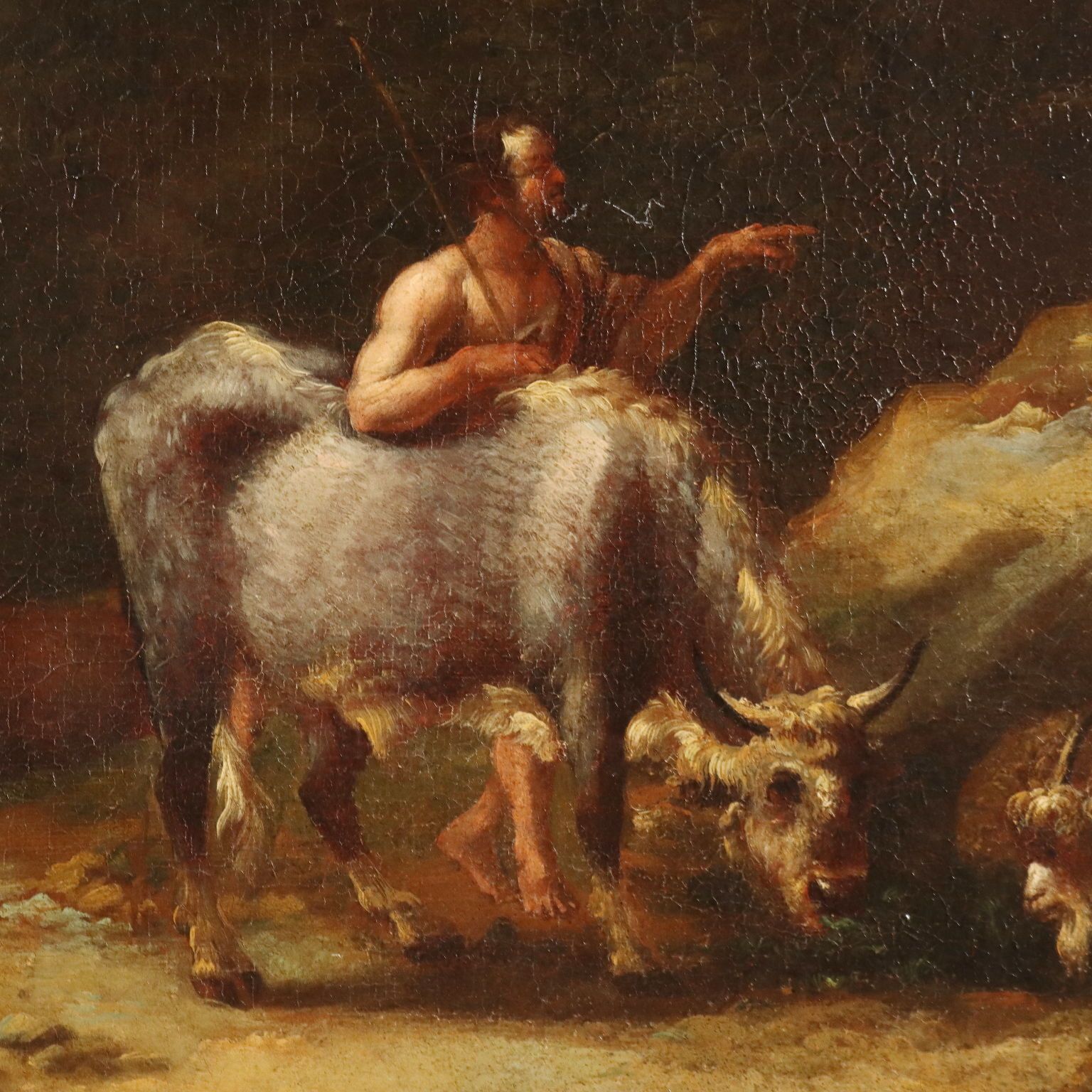 Painting Landscape With Figures And Herds Oil On Canvas XVIII Century photo for sale