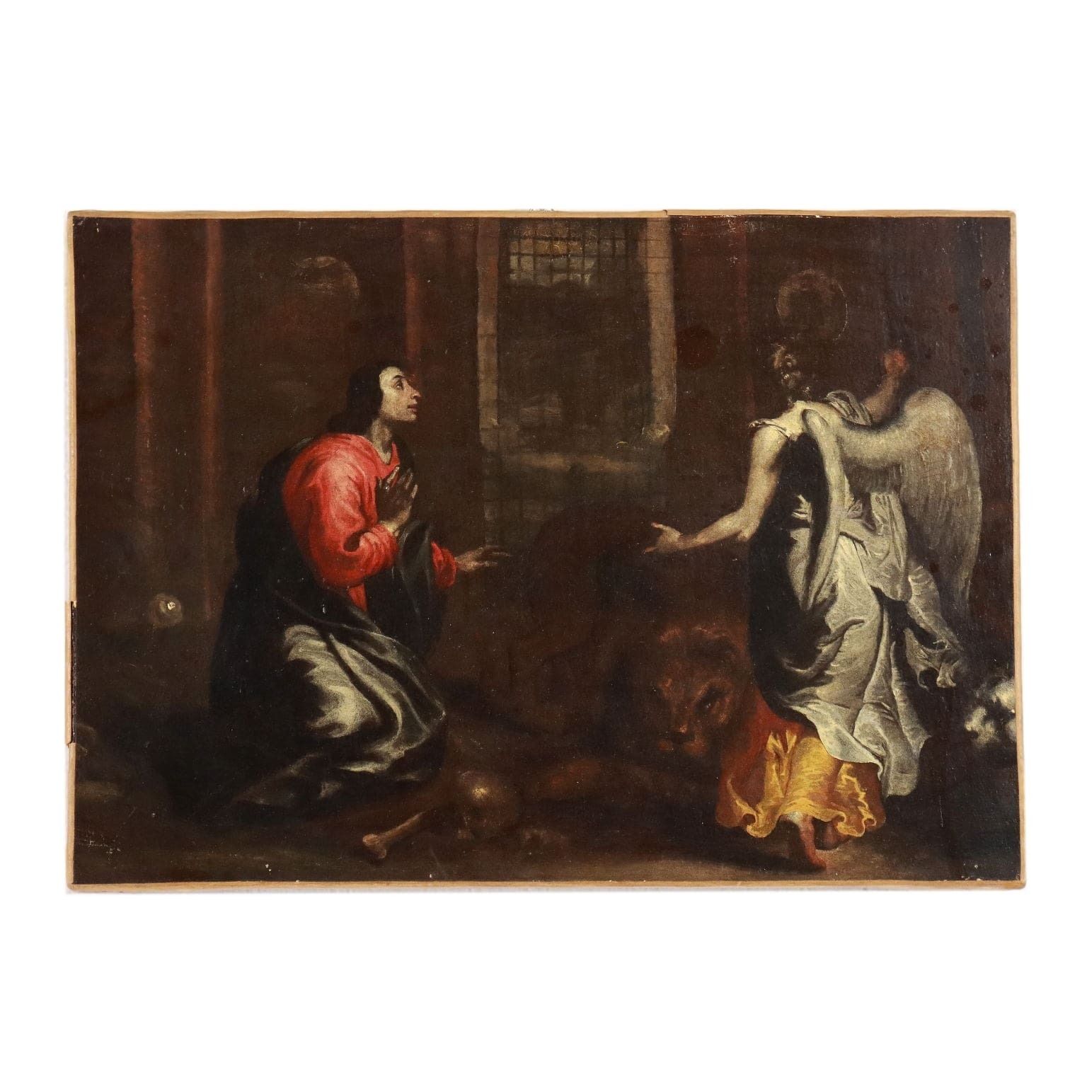 Painting Daniel In The Lion's Dem Oil On Canvas XVII Century