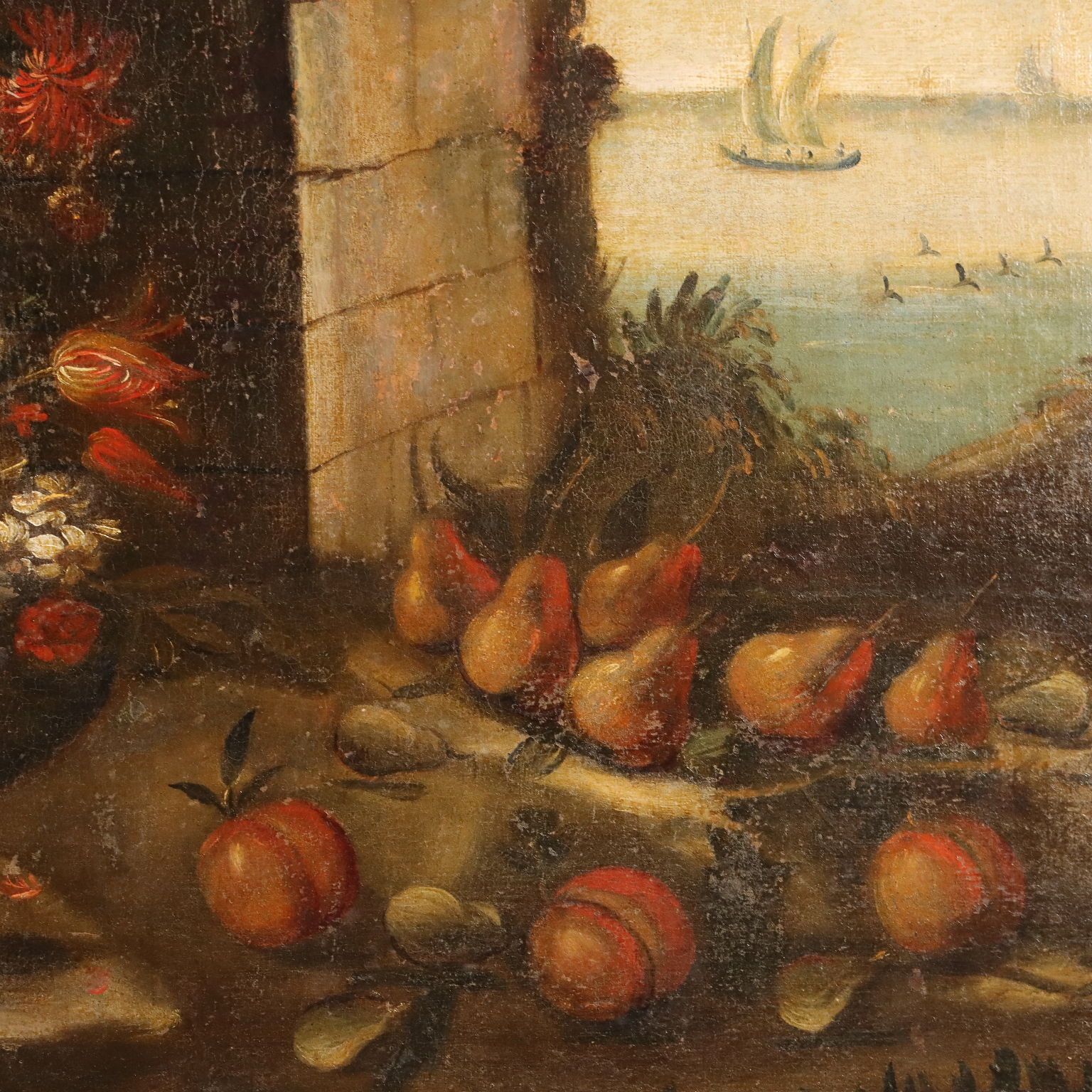 Antique Painting With Still Life Oil On Canvas Europe XVII Century photo for sale