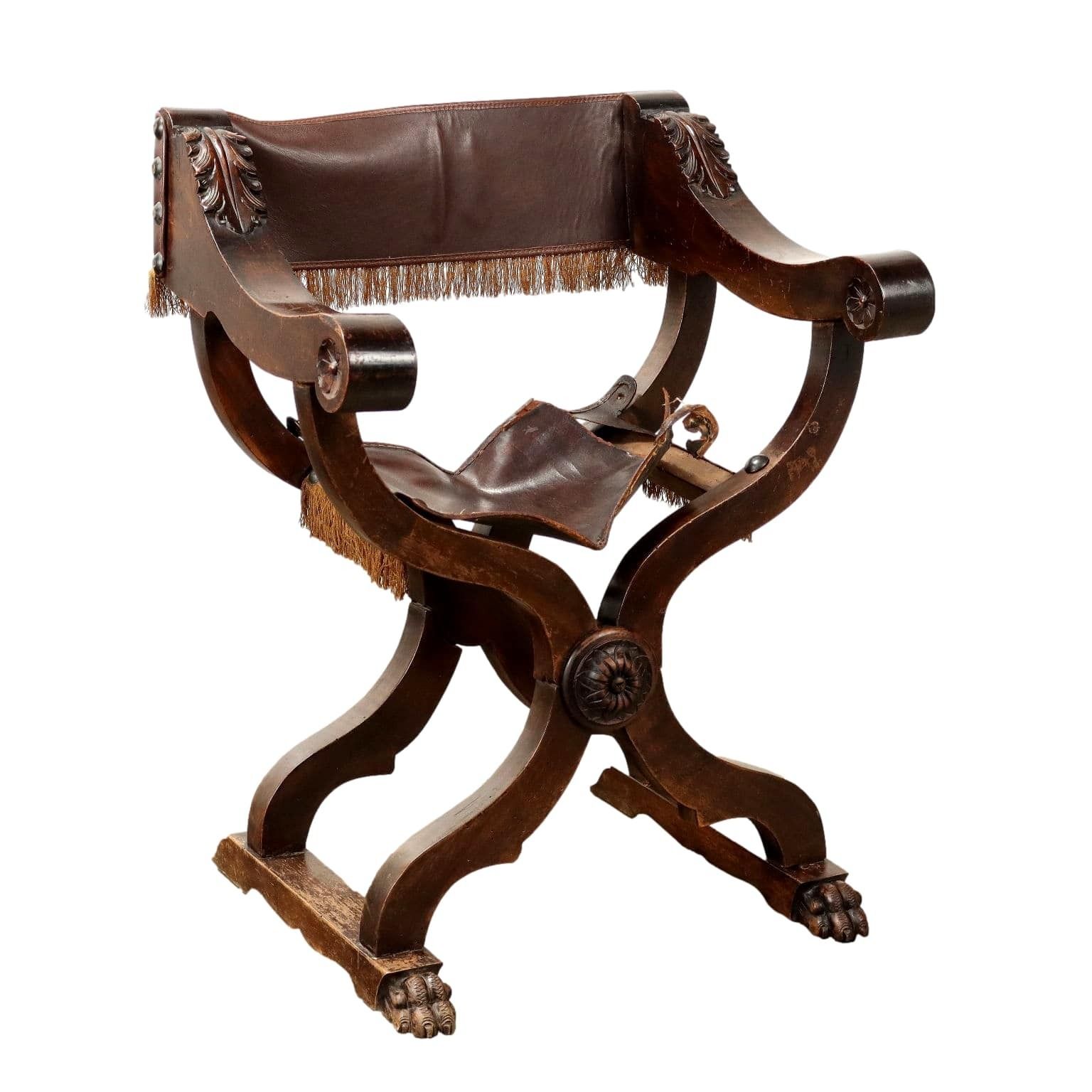 Antique Neo Renaissance Chair Walnut Leather Italy XX Century