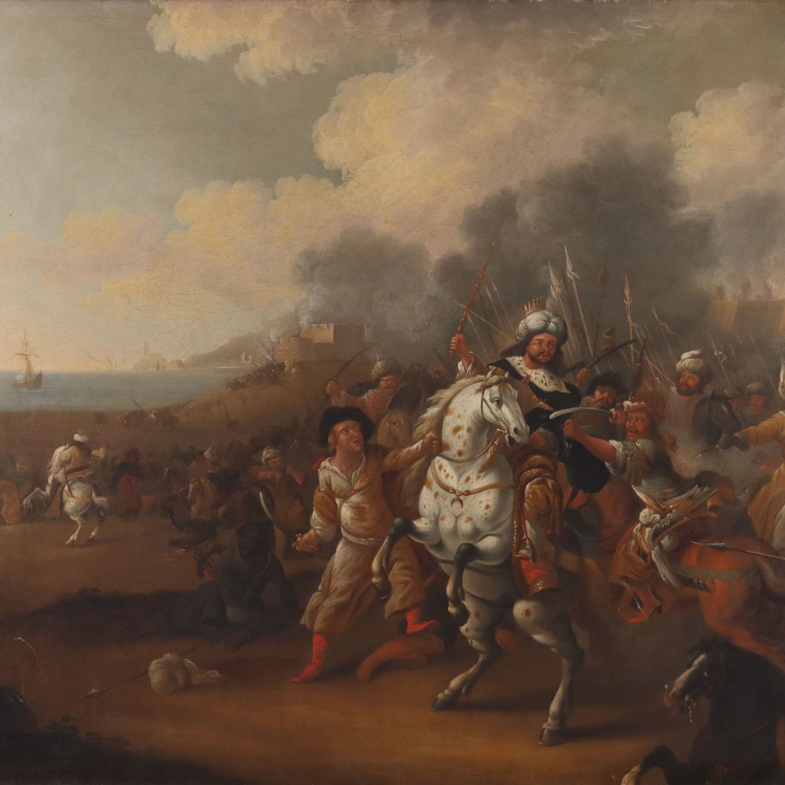 Antique Painting Battle Scene Oil On Canvas XVIII Century photo for sale