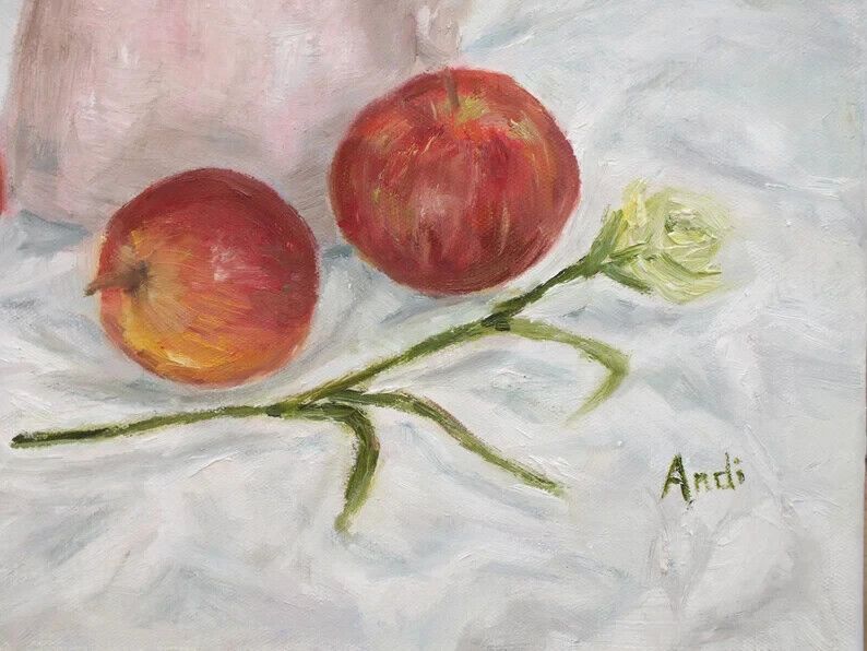 Original Signed Oil Painting Red Apples, Lisianthus Floral Flowers Andi J Lucas photo Art