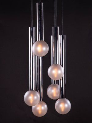6 Light Chrome & Pearlized Glass Globe Ceiling Lamp By Motoko Ishii For Staff, 1970s photo Lighting