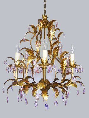 Italian Violet Crystal And Golden Frame Basket Chandelier, 1960s