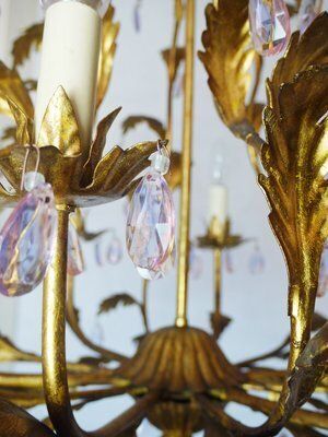 Italian Violet Crystal And Golden Frame Basket Chandelier, 1960s photo for sale