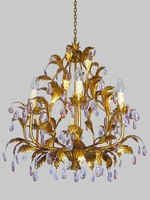 Italian Violet Crystal And Golden Frame Basket Chandelier, 1960s photo Lighting