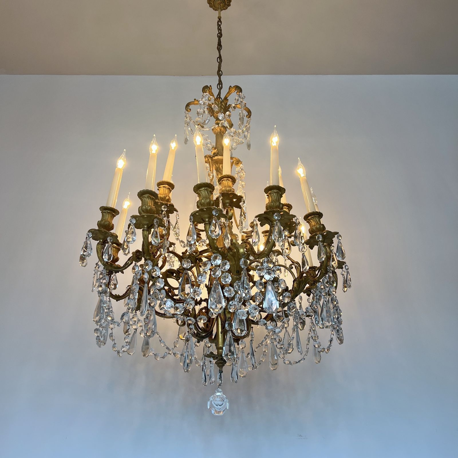photo for sale Large Heavy Cast Brass Louis XIV Style Chandelier With Cut Glass Drops