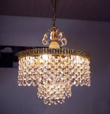 German Gilt Brass And Crystal Chandelier From Palwa, 1960s photo for sale