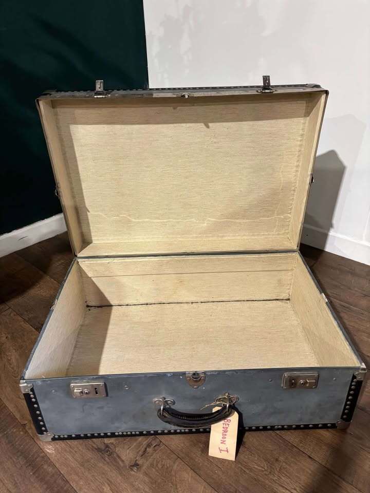 Vintage Metal Clad Trunk With Leather Handle photo for sale