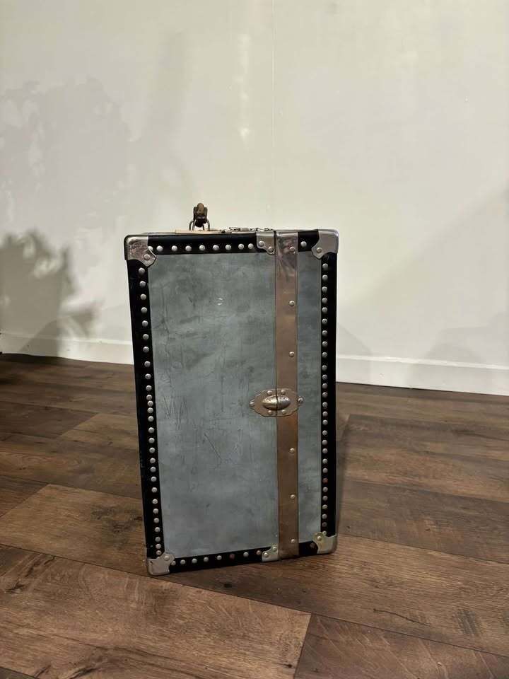 Vintage Metal Clad Trunk With Leather Handle photo Furniture