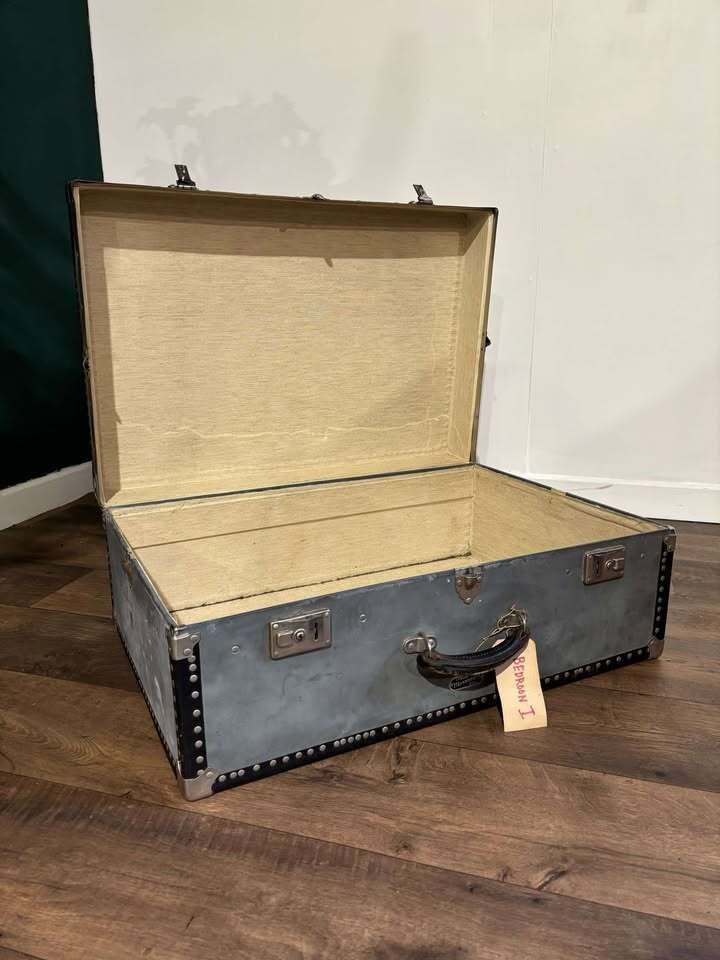Vintage Metal Clad Trunk With Leather Handle photo vinterior