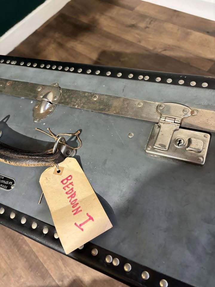 Vintage Metal Clad Trunk With Leather Handle photo buy