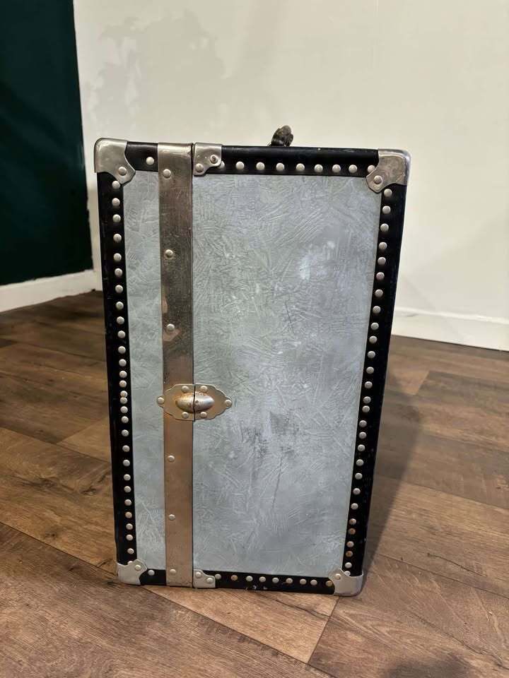Vintage Metal Clad Trunk With Leather Handle photo vintage