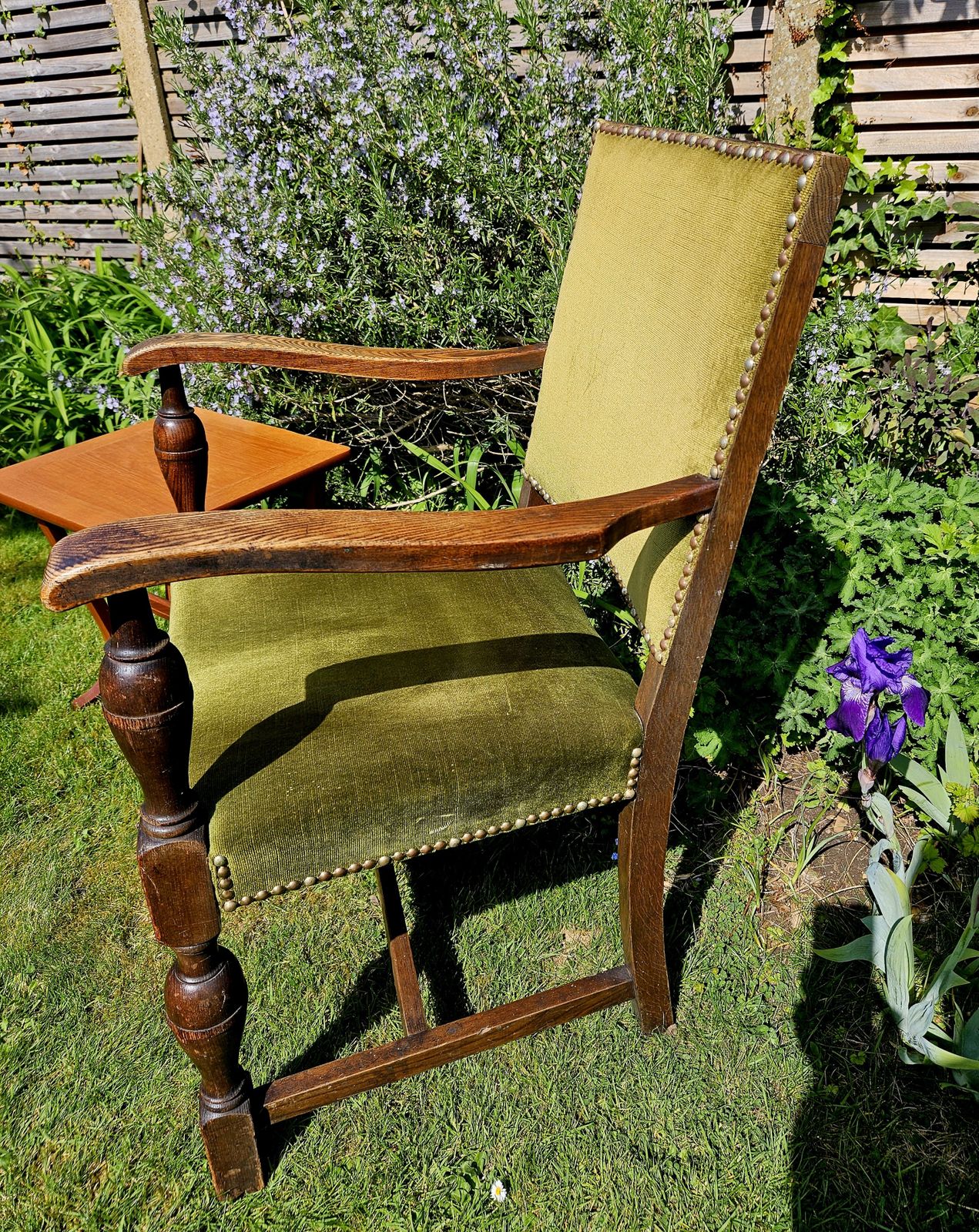Impressive, Antique Oak Carver Chair In Studded Sage Green Velvet