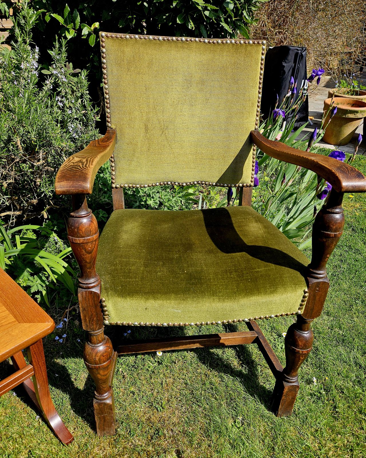 Impressive, Antique Oak Carver Chair In Studded Sage Green Velvet photo Furniture