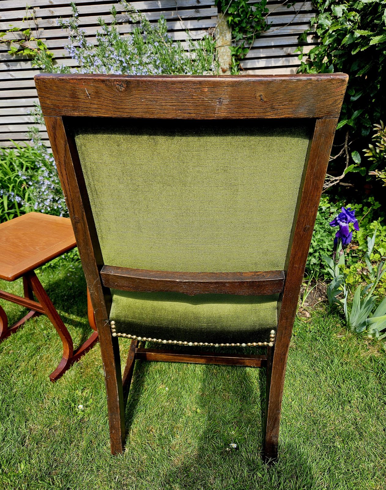 photo for sale Impressive, Antique Oak Carver Chair In Studded Sage Green Velvet