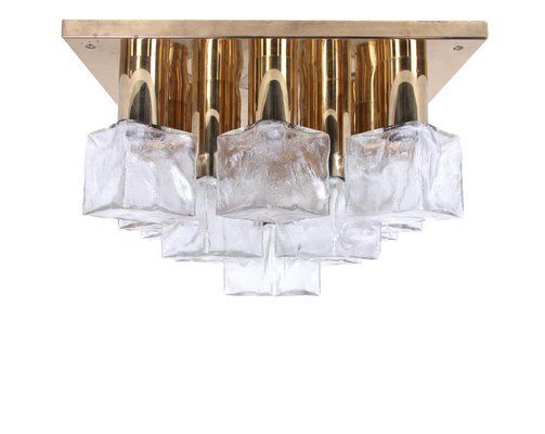 Cubist Flush Mount Chandelier In Brass And Ice Glass By J. T. Kalmar For Kalmar, Austria, 1960s photo for sale