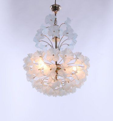 Modernist Hibiscus Bouquet Chandelier In Turquoise Glass Flowers & Brass, 1970s photo for sale