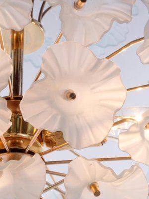 Modernist Hibiscus Bouquet Chandelier In Turquoise Glass Flowers & Brass, 1970s photo Lighting