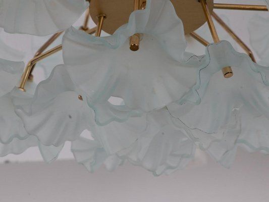 Gilt Brass Hibiscus Flush Mount Chandelier With Turquoise Glass Flowers, 1970s photo vinterior