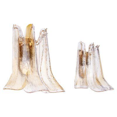 Vintage Petal Wall Sconces In Amber And Clear Murano Glass, Italy, 1970s, Set Of 2