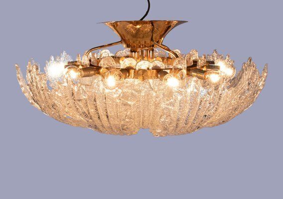 Lighting Rugiada Flush Mount Chandelier In Murano Glass And Brass From Barovier & Toso, Italy, 1970s photo
