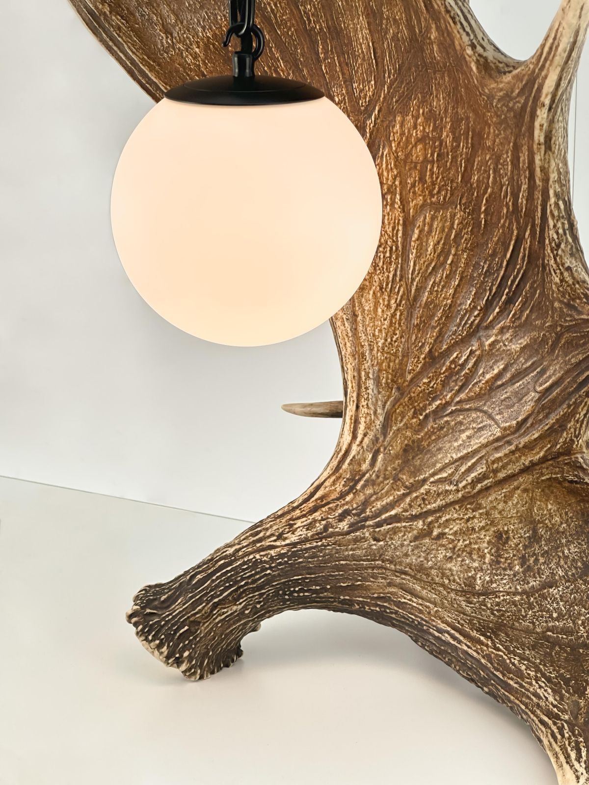 Black Forest Fallow Deer Antler Table Lamp, Frosted Glass Globe, Germany, 1950s photo furniture