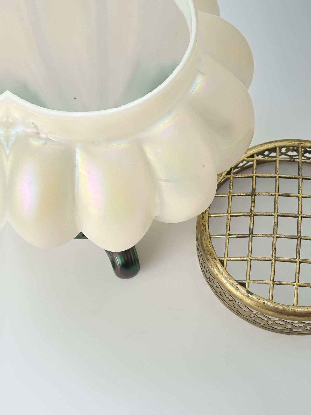 Art Nouveau Pearlescent Glass Vase By Kralik With Brass Frog, Czech Circa 1910 photo 330.0
