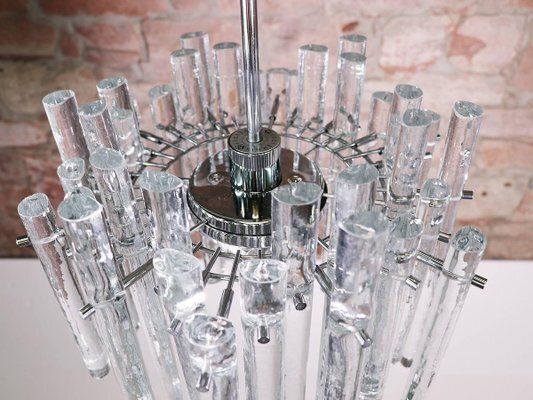 German Iced Glass Chandelier With Crystal Rods & Chrome From Kinkeldey, 1960s photo Lighting